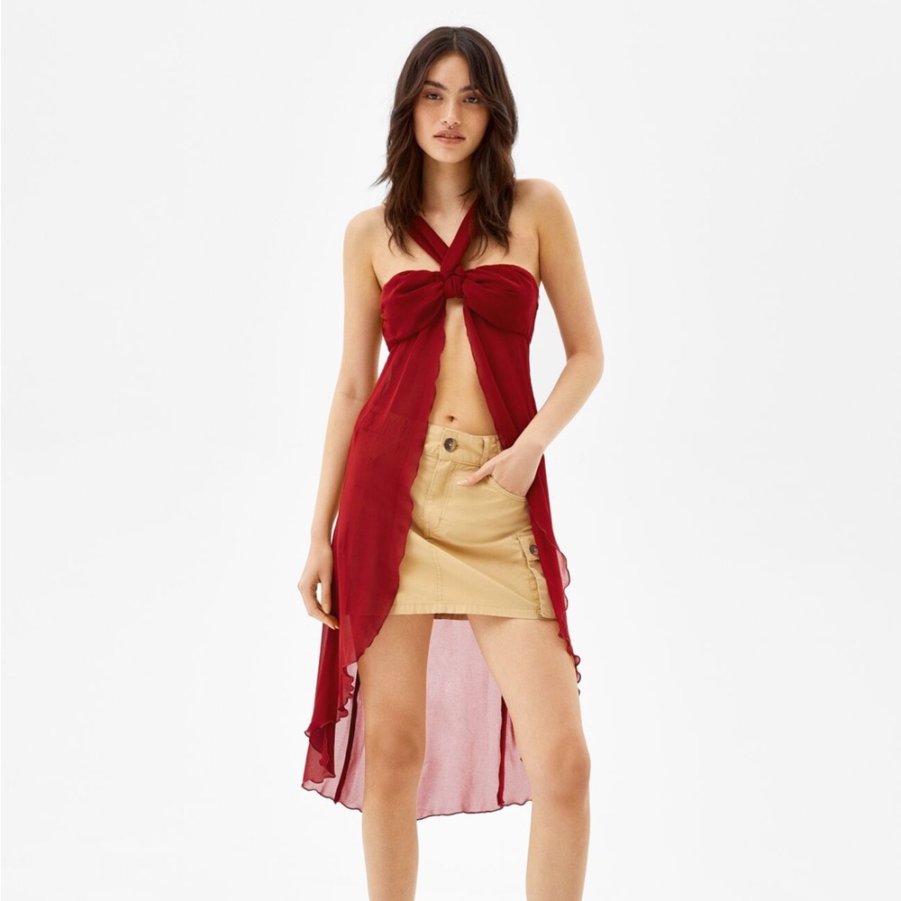 Long top with chiffon effect neckline